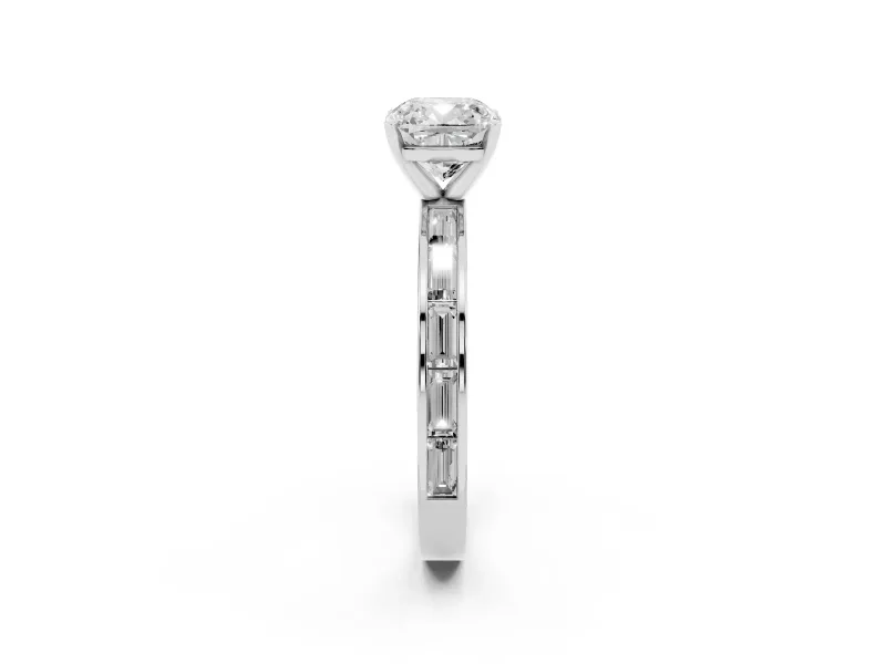 Cushion Cut Diamond Solitaire Ring Set in Platinum with Channel-Set Baguette Band and Prong Setting