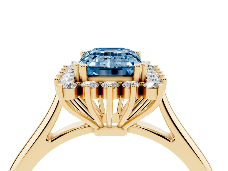 Emerald Cut Starburst Halo Engagement Ring Setting for a Fancy Blue Lab-Grown Diamond | Yellow Gold