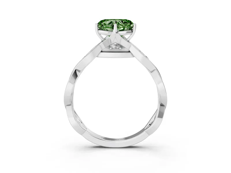 Fancy Green Heart Cut Diamond Twist Band Solitaire Ring Set in Platinum with Leaf Prong Setting and Accent Stones
