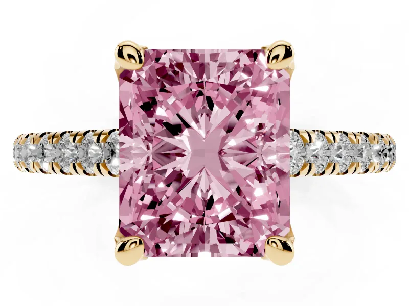 Radiant Cut Hidden Halo Pave Engagement Ring Setting for a Fancy Pink Lab-Grown Diamond | Claw Prongs | Yellow Gold