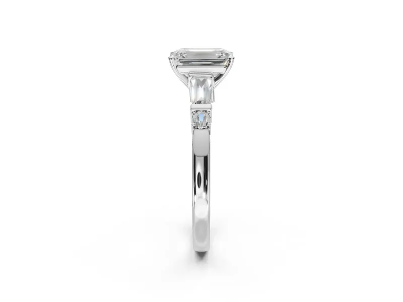 Emerald Cut Tapered Baguette Engagement Ring Setting | Bar Set Sides | Sterling Silver