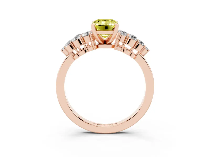 Fancy Yellow Emerald Cut Diamond Cluster Engagement Ring Set in Rose gold with Pavé Band and Prong Setting