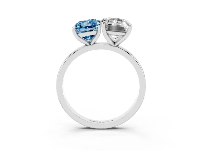 Fancy Blue Radiant Cut and Emerald Cut Toi Moi Ring Set in Silver with Prong Setting
