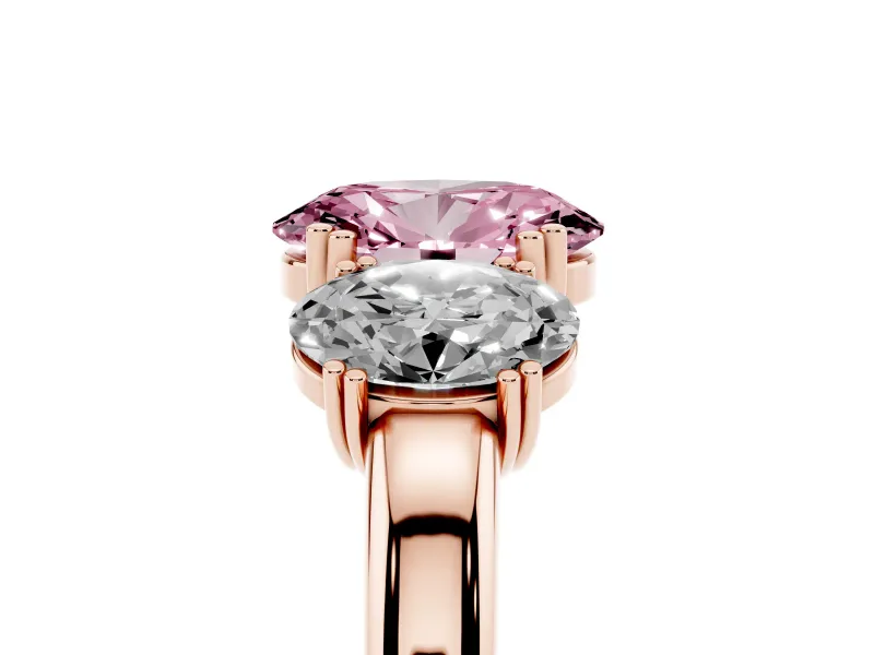 Oval Three Stone Engagement Ring Setting for a Fancy Pink Lab-Grown Diamond | Double Claw Head | Rose Gold