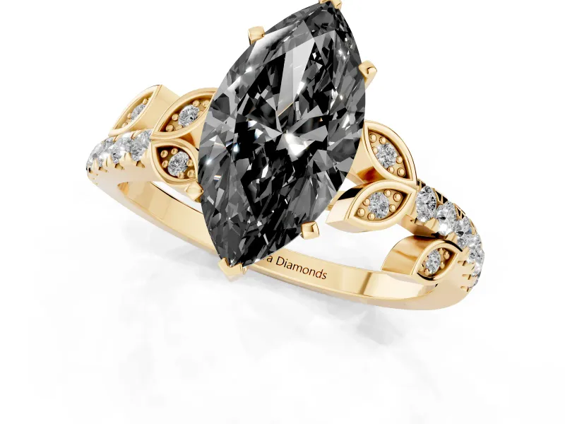 Fancy Black Marquise Cut Diamond Solitaire Leaf-Inspired Ring Set in Yellow gold with Pavé Band and Prong Setting