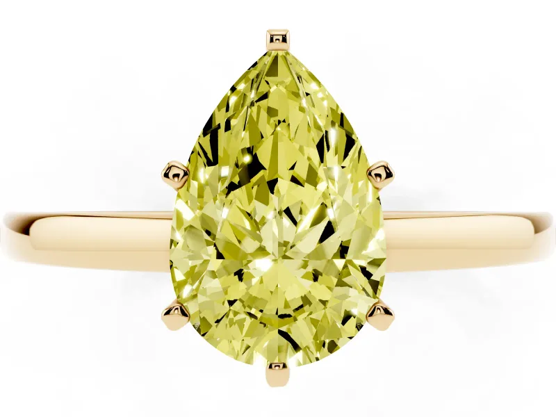 Fancy Yellow Pear Cut Diamond Solitaire Engagement Ring Set in Yellow gold with Prong Setting on a Classic Band
