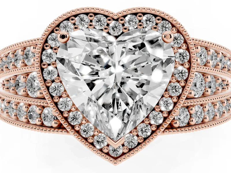 Heart Cut Diamond Halo Ring Set in Rose gold with Accent Split Shank and Prong Setting