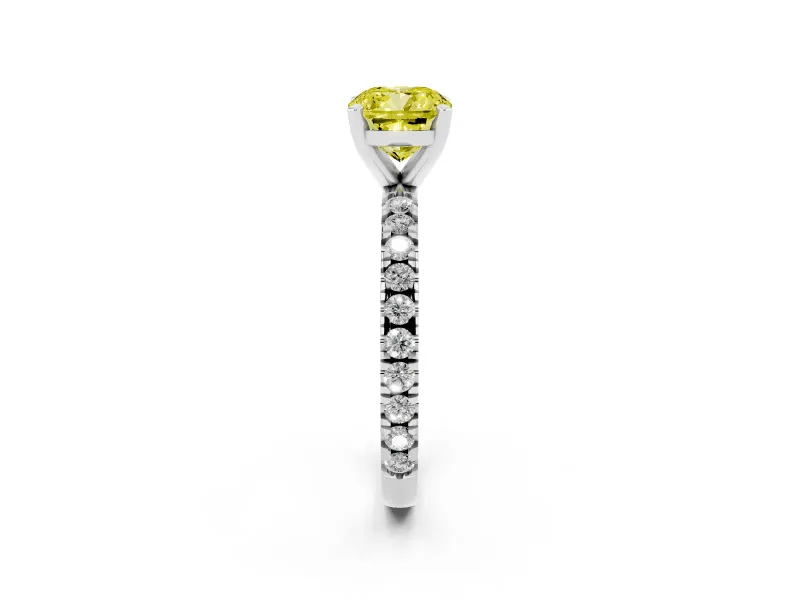 Fancy Yellow Cushion Cut Diamond Pavé Band Solitaire Set in Silver with Prong Setting