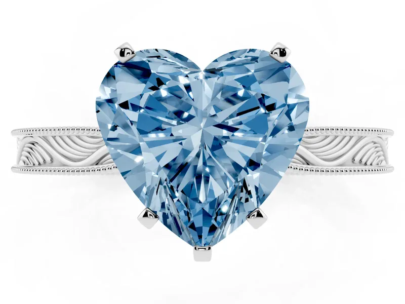 Fancy Blue Heart Cut Diamond Solitaire Milgrain Engraved Band Set in White gold with Prong Setting