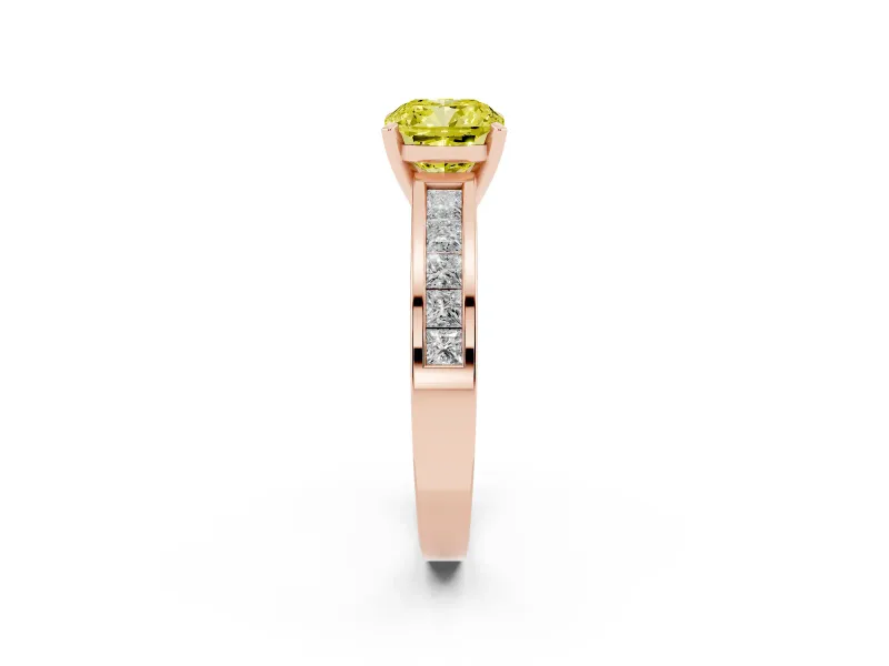 Fancy Yellow Cushion Cut Diamond Solitaire Ring Set in Rose gold with Channel-Set Band and Prong Setting