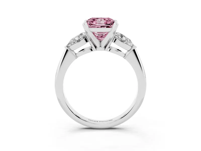 Fancy Pink Three-Stone Princess Cut Diamond Ring Set in White gold with Pear Side Stones and Prong Setting
