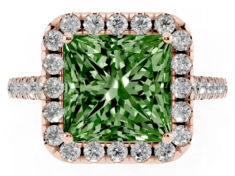Princess Cut Halo Engagement Ring Setting for a Fancy Green Lab-Grown Diamond | Pave Shoulders | Rose Gold