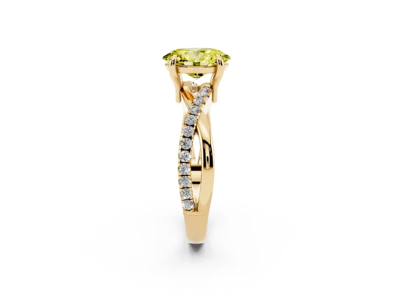 Fancy Yellow Oval Cut Diamond Twist Band Solitaire Set in Yellow gold with Pavé Accents and Prong Setting