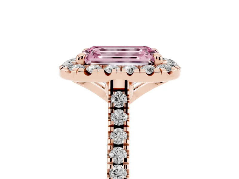 Emerald Cut Halo Engagement Ring Setting for a Fancy Pink Lab-Grown Diamond | Tapered Band | Rose Gold
