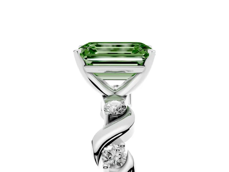 Fancy Green Emerald Cut Diamond Solitaire Ring Set in Platinum with Ribbon Twist Band, Round Accents and Prong Setting