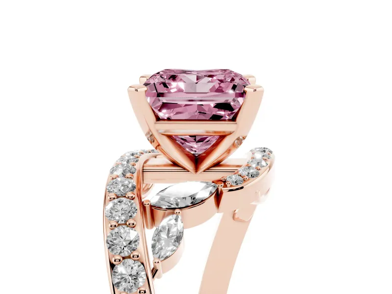 Fancy Pink Princess Cut Diamond Solitaire Ring Set in Rose gold with Pavé Twist Band and Secure Prong Setting