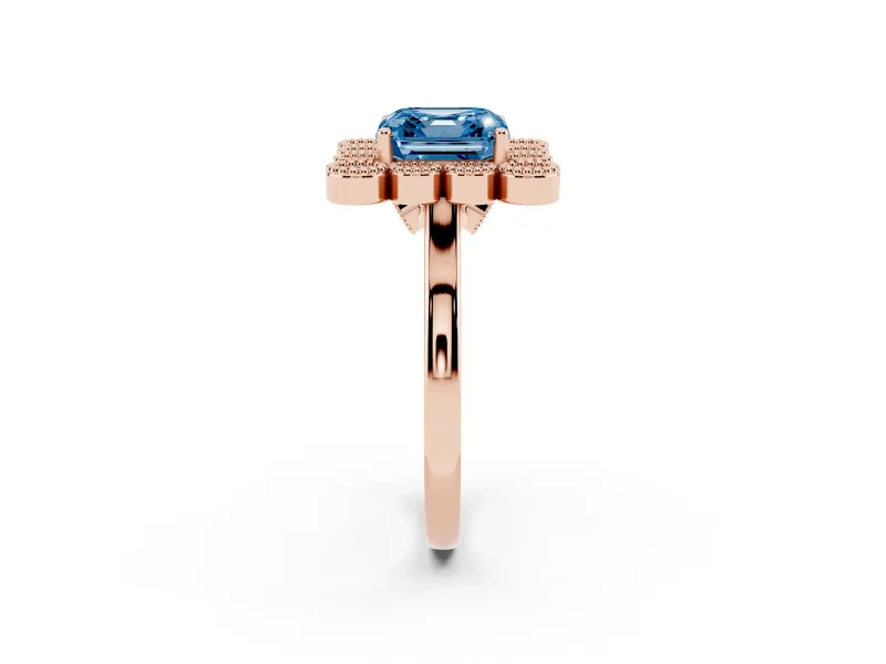 Asscher Cut Milgrain Cluster Halo Engagement Ring Setting for a Fancy Blue Lab-Grown Diamond | Plain Band | Rose Gold