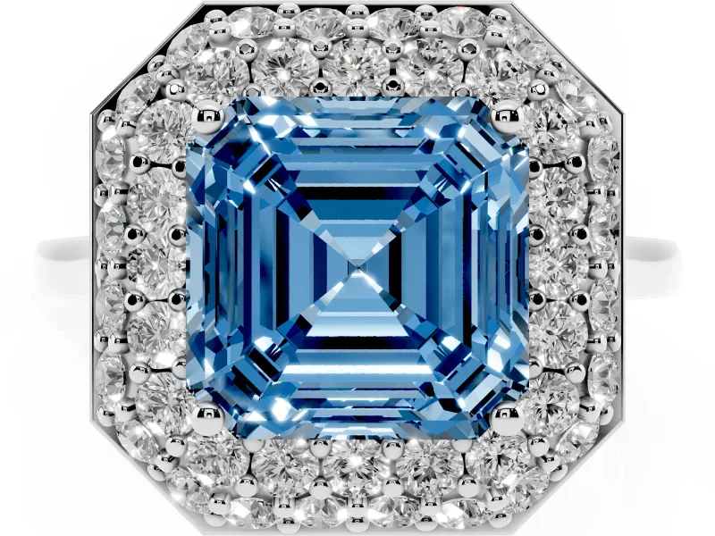 Fancy Blue Asscher Cut Diamond Halo Engagement Ring Set in Platinum with Solitaire Band and Prong Setting