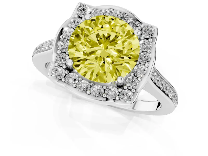 Round Petal Tip Halo Engagement Ring Setting for a Fancy Yellow Lab-Grown Diamond | Pavé Band | Sterling Silver