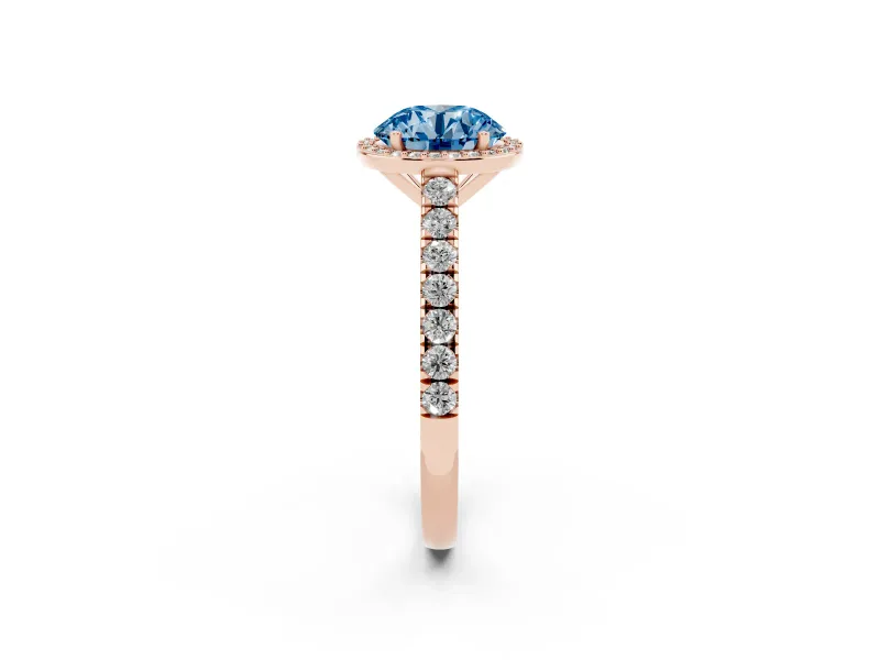 Round Halo Pavé Engagement Ring Setting for a Fancy Blue Lab-Grown Diamond | Rose Gold