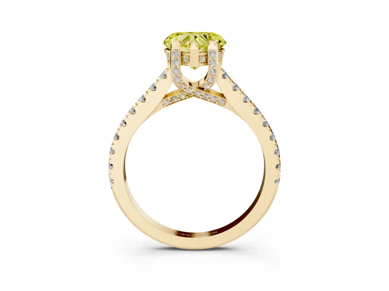 Heart-Shaped Hidden Halo Pave Engagement Ring Setting for a Fancy Yellow Lab-Grown Diamond | Claw Prongs | Yellow Gold