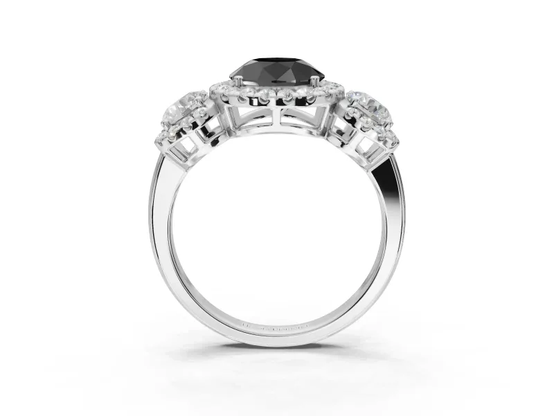 Round Three Stone Halo Engagement Ring Setting for a Black Center | Haloed Side Stones | White Gold