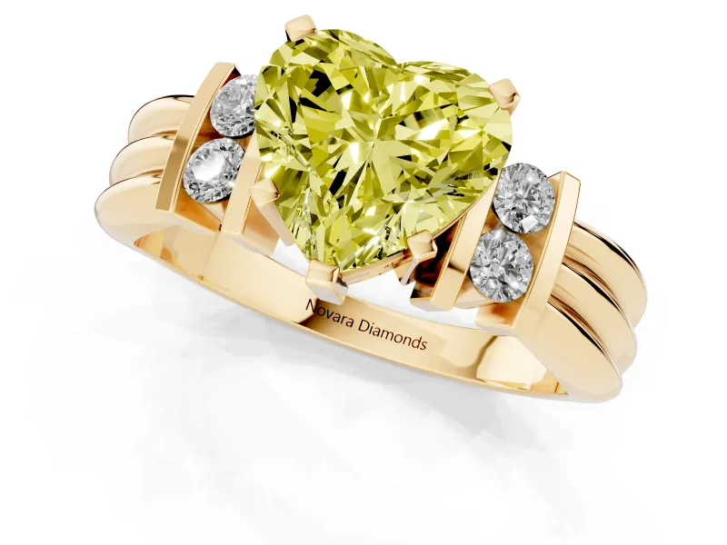 Fancy Yellow Three-Stone Heart Cut Diamond Channel Set Ring Set in Yellow gold with Bar Prongs