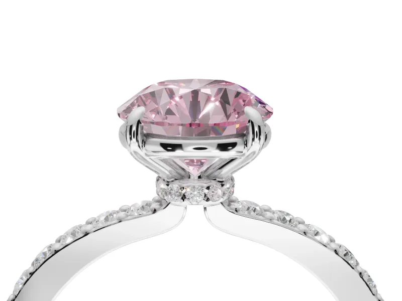 Round Hidden Halo Engagement Ring Setting for a Fancy Pink Lab-Grown Diamond | Pavé Band | Sterling Silver