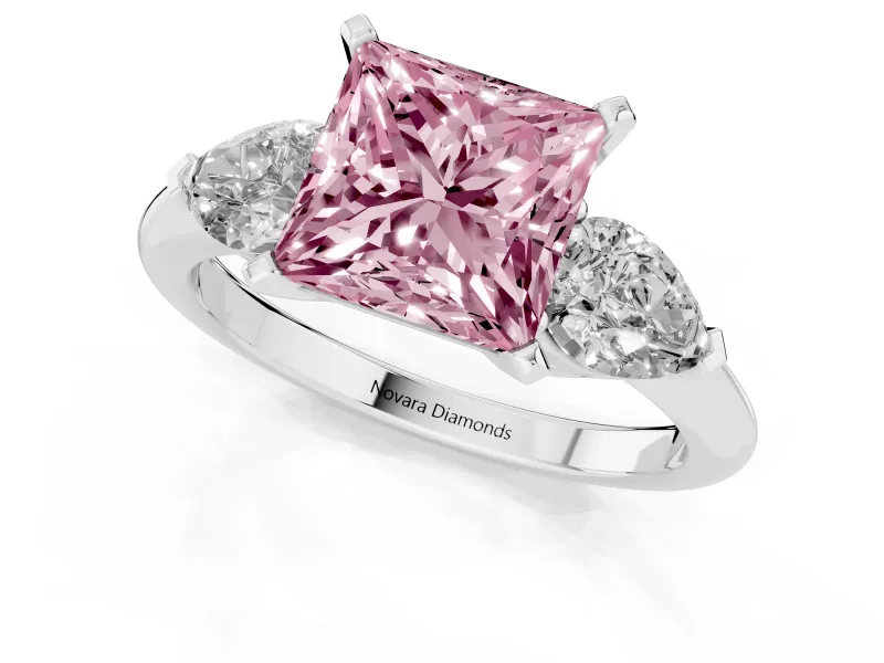 Fancy Pink Three-Stone Princess Cut Diamond Ring Set in Silver with Pear Side Stones and Prong Setting