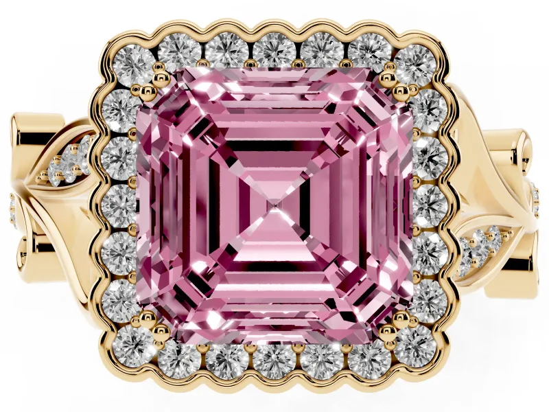 Asscher Cut Leaf Halo Engagement Ring Setting for a Fancy Pink Lab-Grown Diamond | Yellow Gold