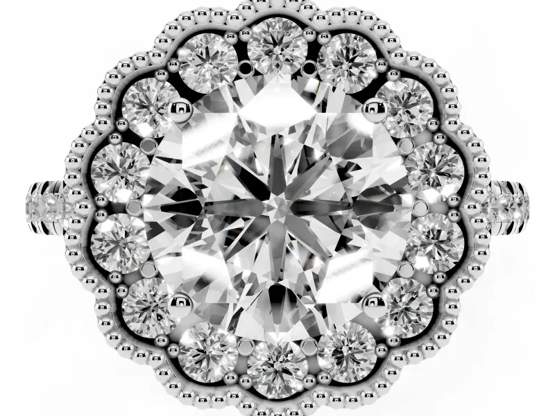 Round Vintage Milgrain Floral Halo Engagement Ring Setting | Pavé Band | White Gold