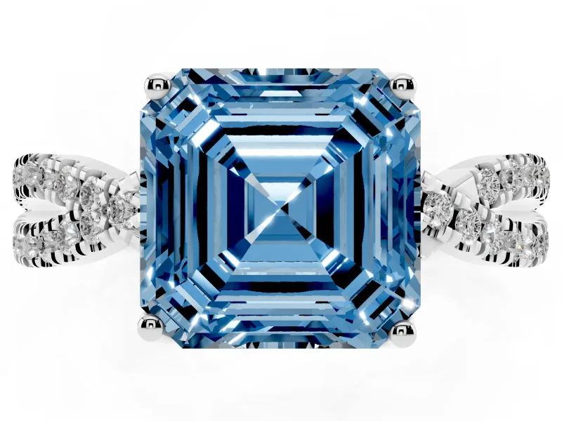 Fancy Blue Asscher Cut Diamond Twist Pavé Solitaire Engagement Ring Set in Silver with Prong Setting