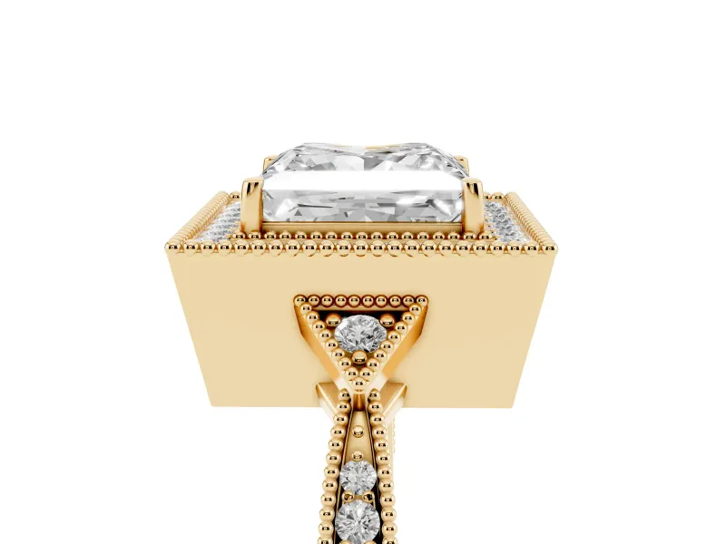 Princess Cut Diamond Halo Engagement Ring Set in Yellow gold with Milgrain Pavé Band