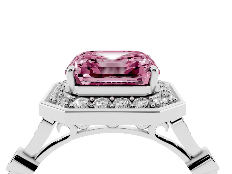 Asscher Cut Halo Engagement Ring Setting for a Fancy Pink Lab-Grown Diamond | Bezel Station Shoulders | White Gold
