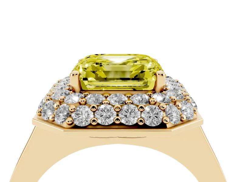 Fancy Yellow Asscher Cut Diamond Halo Engagement Ring Set in Yellow gold with Solitaire Band and Prong Setting