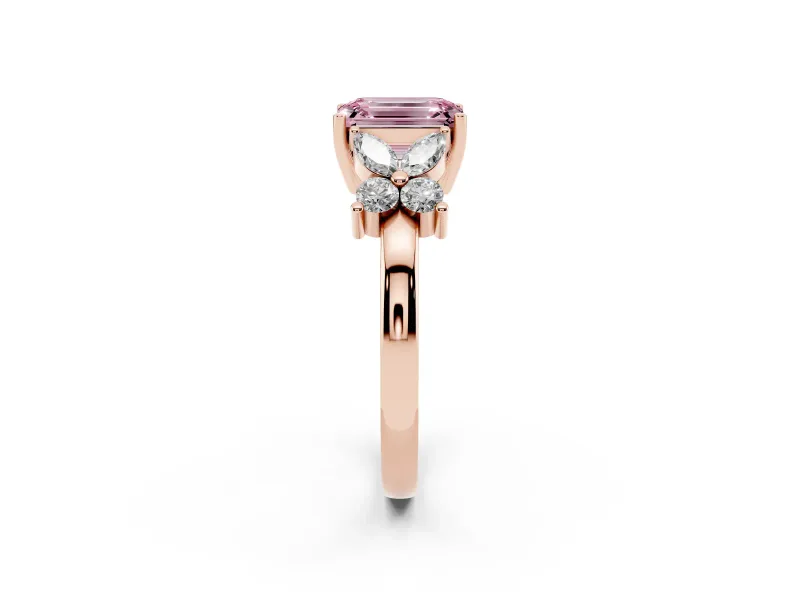 Fancy Pink Emerald Cut Diamond Floral Cluster Ring Set in Rose gold with Marquise Petals and Prong Setting