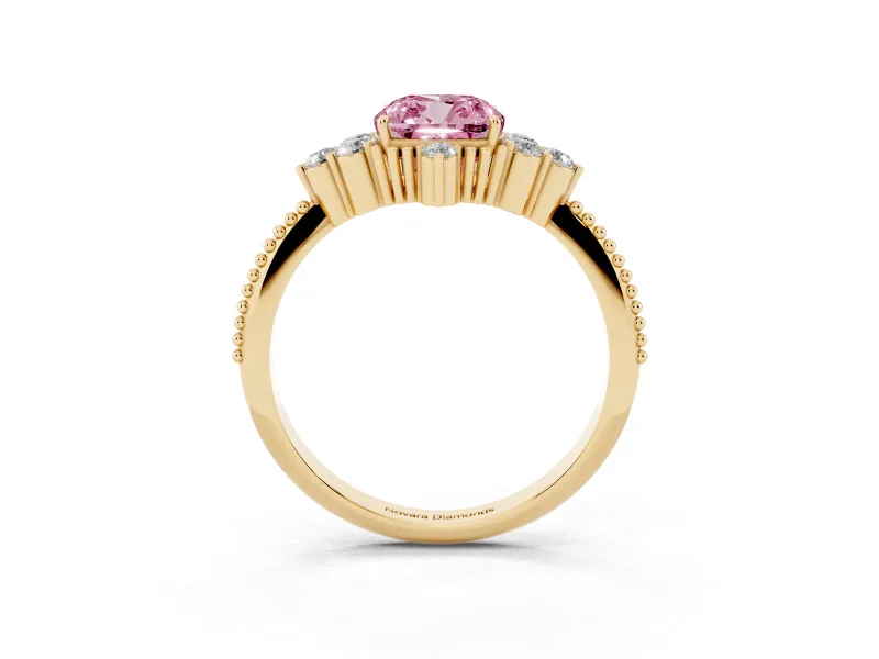 Cushion Cut Cluster Engagement Ring Setting for a Fancy Pink Lab-Grown Diamond | Yellow Gold