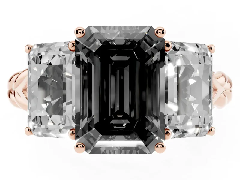 Emerald Cut Three Stone Engagement Ring Setting for a Black Center | Braided Band | Rose Gold