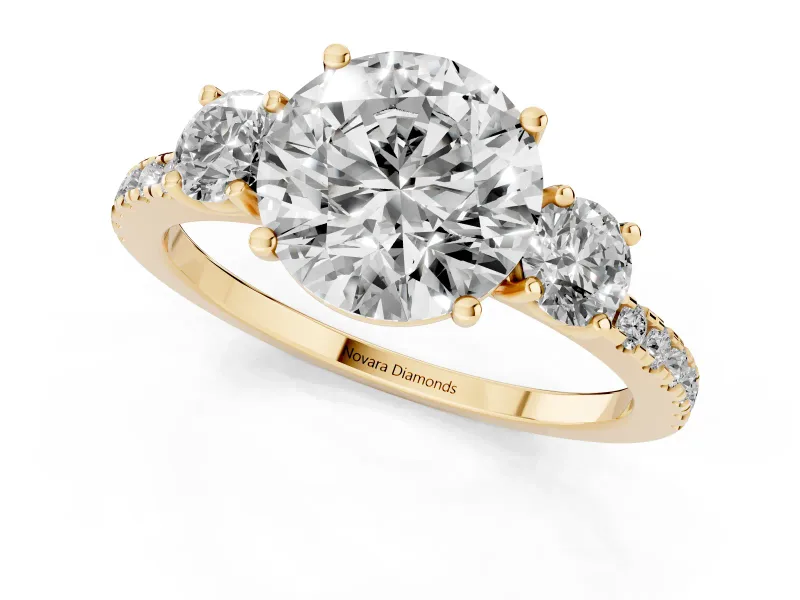 Round Three Stone Engagement Ring Setting | Pave Shoulders | Yellow Gold