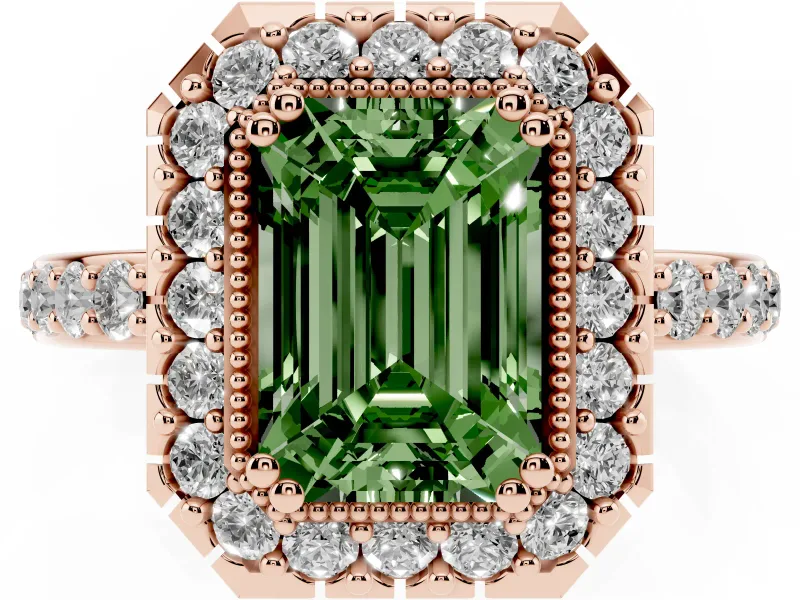 Emerald Cut Milgrain Halo Engagement Ring Setting for a Fancy Green Lab-Grown Diamond | Pavé Shoulders | Rose Gold