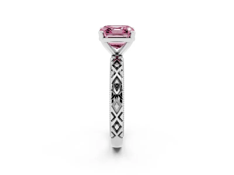 Fancy Pink Asscher Cut Diamond Solitaire Ring Set in Silver with Milgrain and Black Enamel X Pattern Band