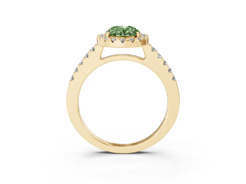 Fancy Green Oval Cut Diamond Halo Pavé Solitaire Ring Set in Yellow gold with Prong-Set Center Stone