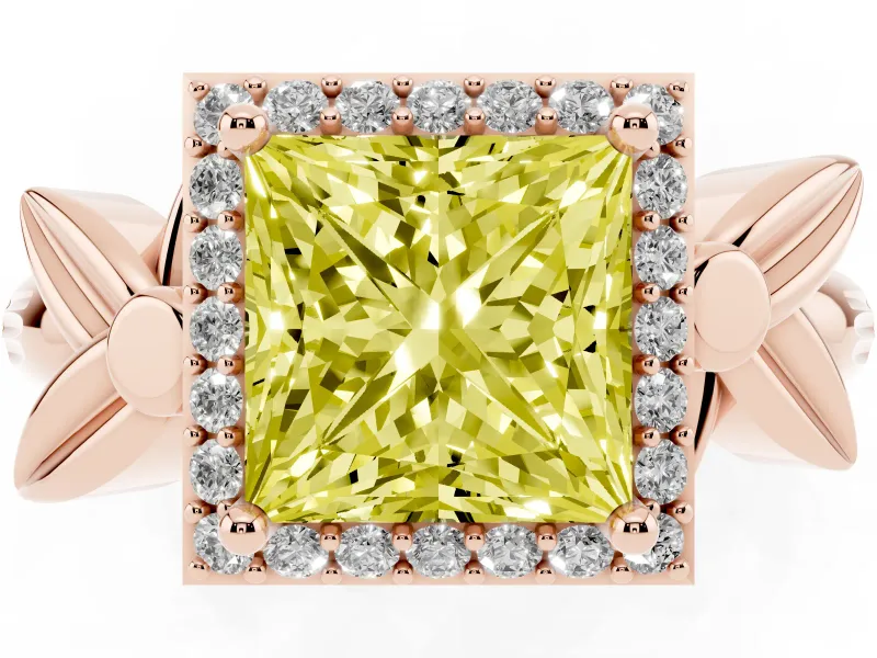 Princess Cut Floral Halo Engagement Ring Setting for a Fancy Yellow Lab-Grown Diamond | Rose Gold