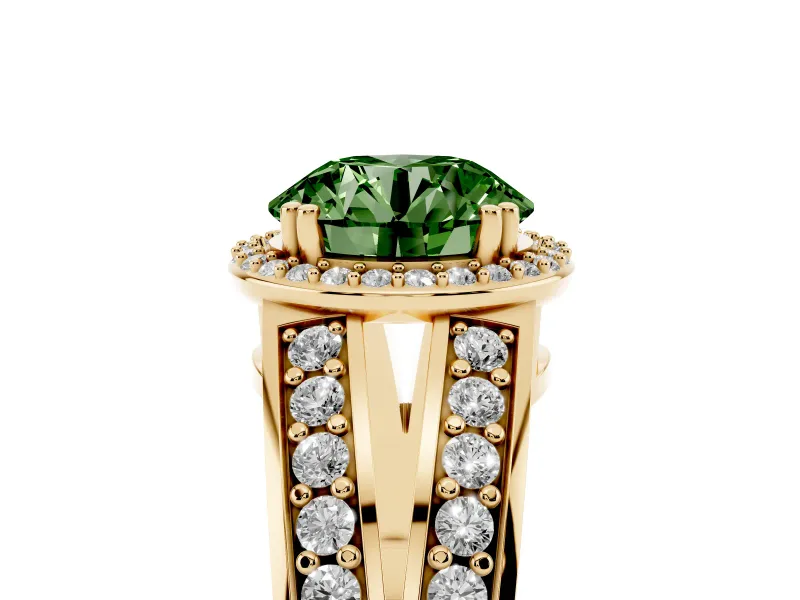 Round Halo Engagement Ring Setting for a Fancy Green Lab-Grown Diamond | Split Shank | Yellow Gold