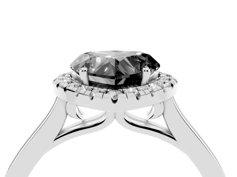 Fancy Black Heart Cut Halo Round Diamond Solitaire Ring Set in Silver with Pavé Band and Prong Setting