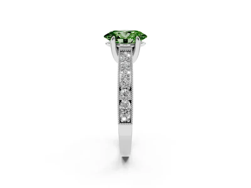 Oval Hidden Halo Engagement Ring Setting for a Fancy Green Lab-Grown Diamond | Milgrain Pave | Sterling Silver