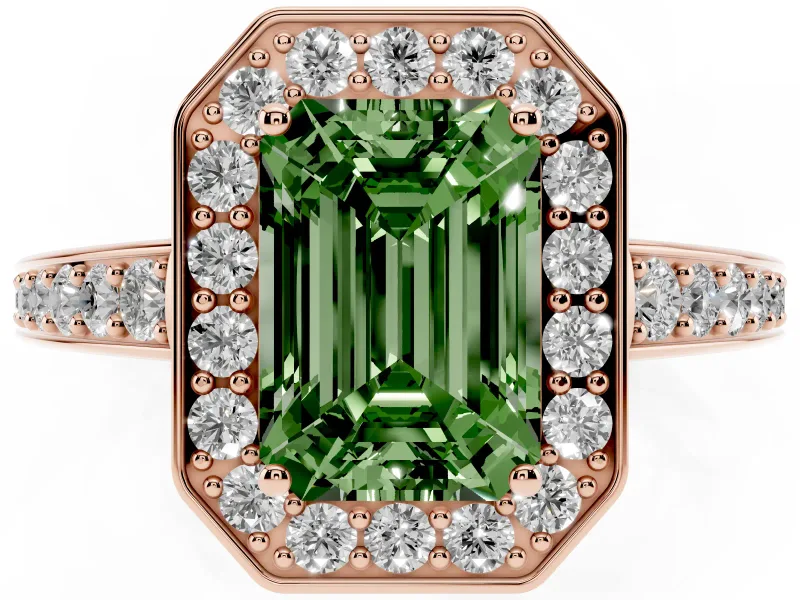 Emerald Cut Framed Halo Engagement Ring Setting for a Fancy Green Lab-Grown Diamond | Rose Gold
