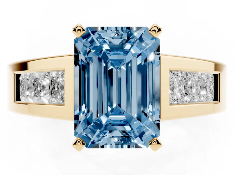 Emerald Cut Channel-Set Engagement Ring Setting for a Fancy Blue Lab-Grown Diamond | Yellow Gold