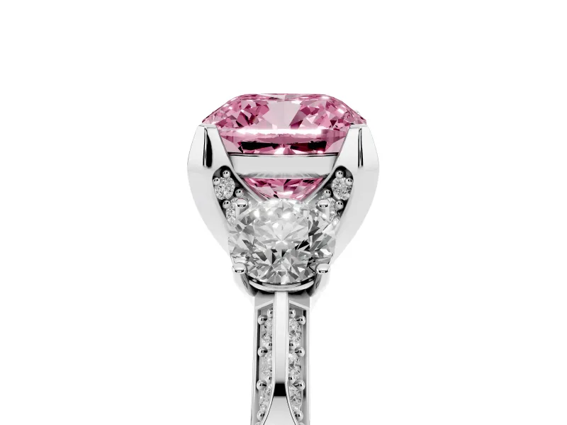 Cushion Cut Hidden Halo Three Stone Engagement Ring Setting for a Fancy Pink Lab-Grown Diamond | Sterling Silver