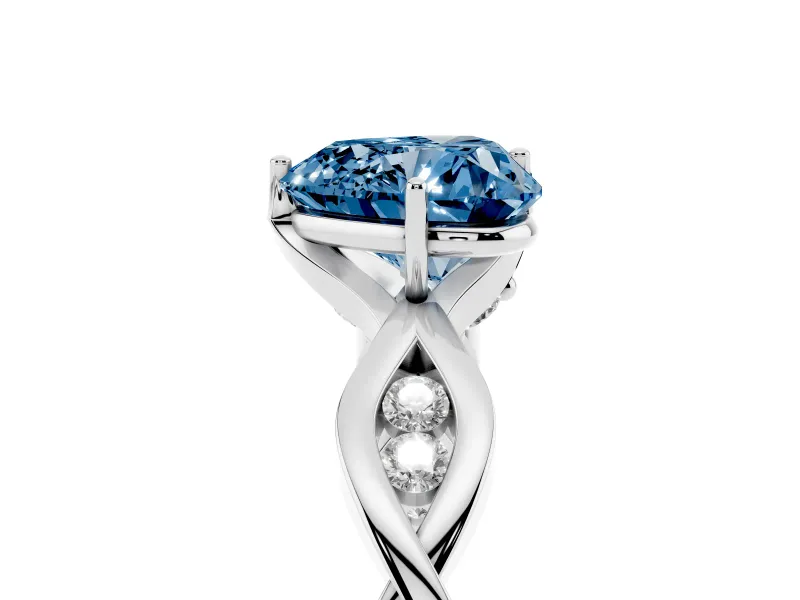 Fancy Blue Heart Cut Diamond Twist Band Solitaire Ring Set in Silver with Leaf Prong Setting and Accent Stones